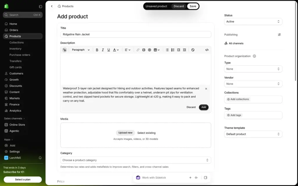 Shopify product form with a generated product description and an Add button