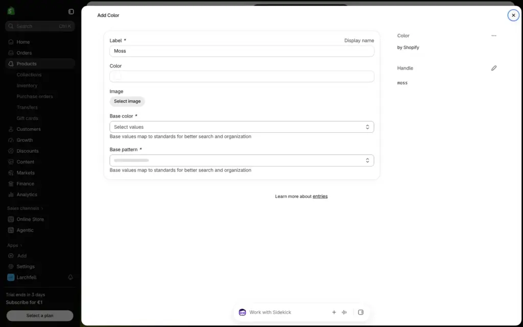 Shopify form for a new colour value asking for a base colour and a pattern