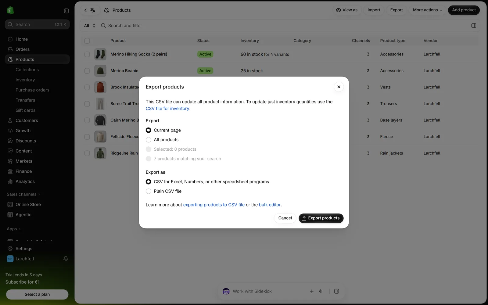 Shopify dialog to export products as a CSV file