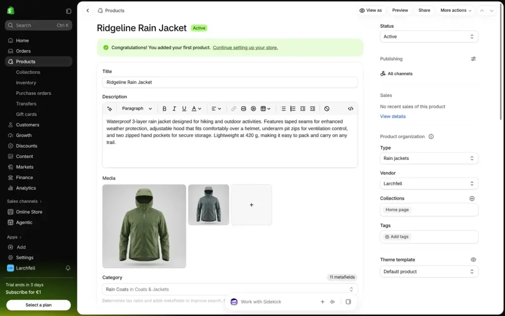 Saved Shopify product with photos, category and the message that the first product was added