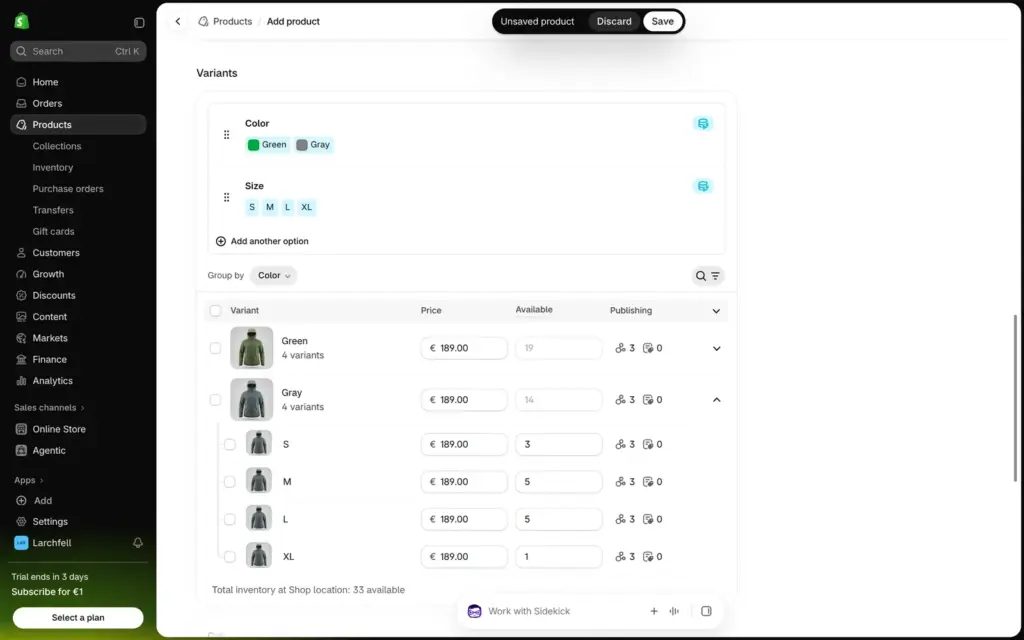 Shopify variant table grouped by colour with sizes, prices and stock
