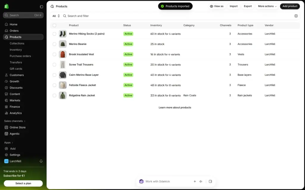 Shopify product list with seven products and their stock