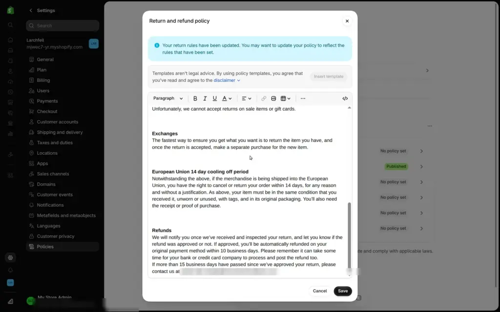 Shopify refund policy template with a 30-day return policy