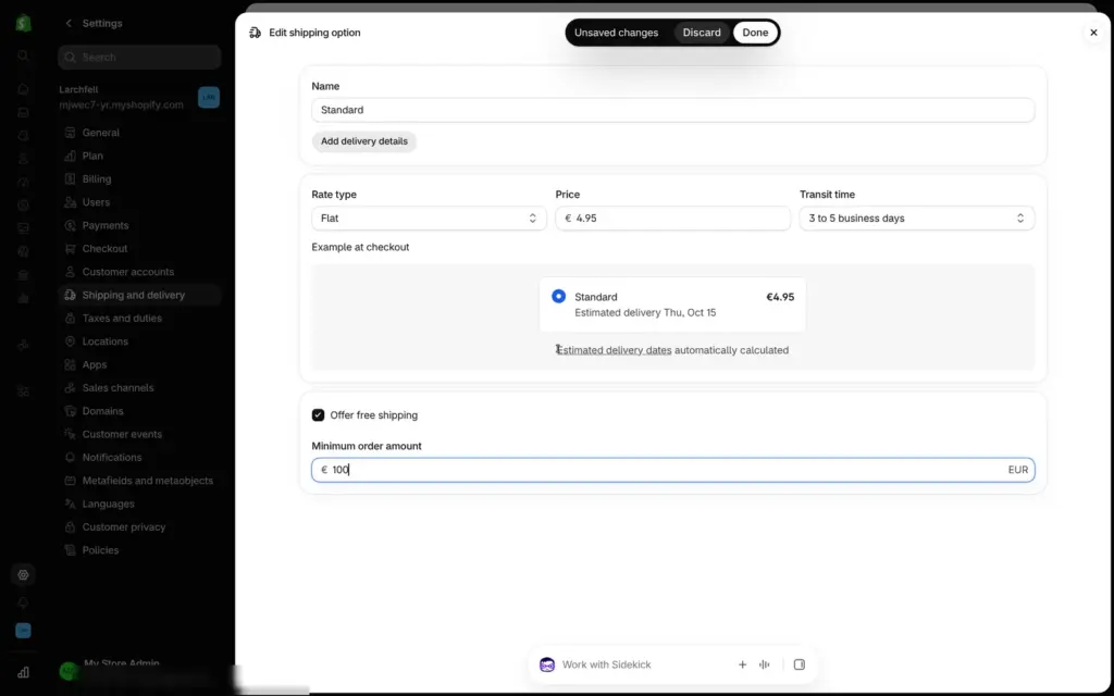 Shopify form for the Standard rate at 4.95 euros, free from 100 euros, with a checkout preview