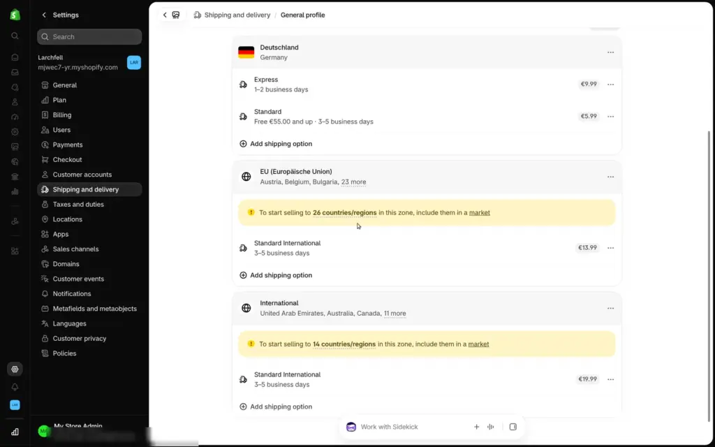 Shopify shipping zones for Germany, the EU and international with their rates