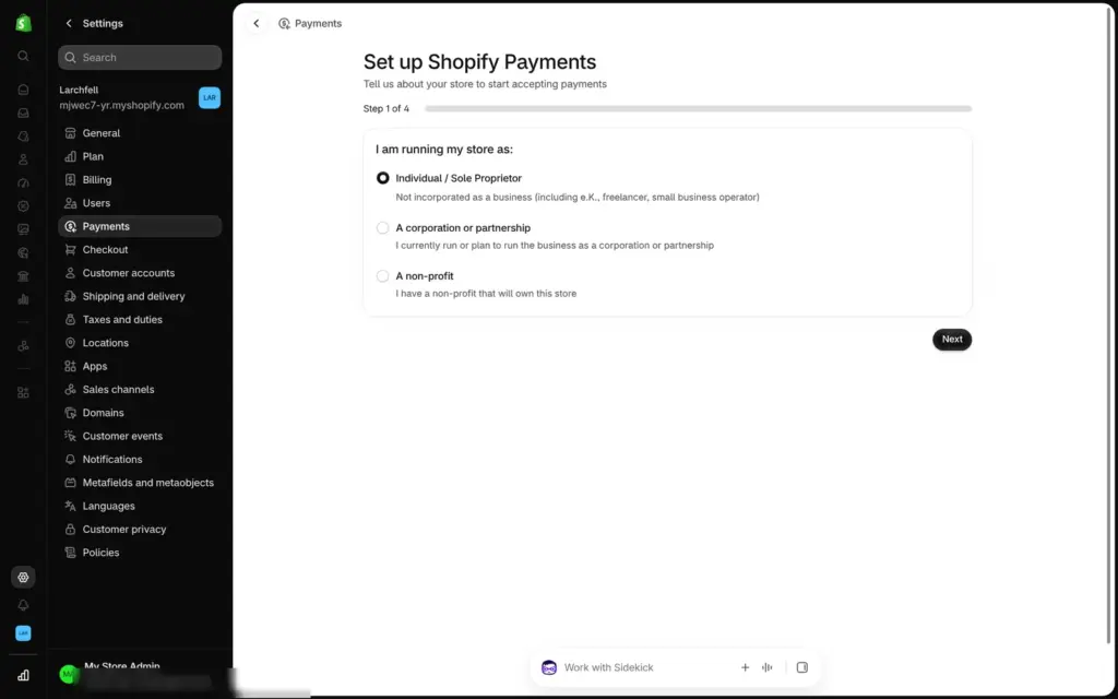 First of four steps to set up Shopify Payments