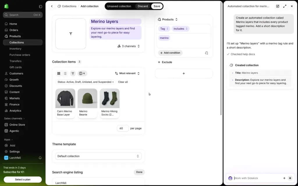 Collection form filled in by Sidekick with a rule for products tagged merino