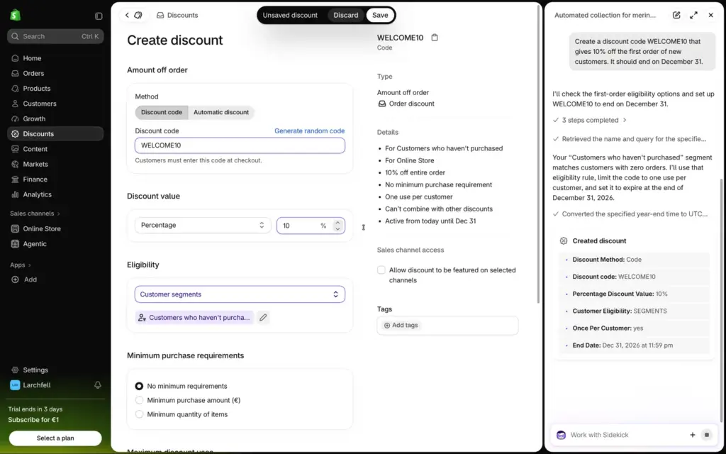 Discount form filled in by Sidekick for 10 percent off first orders