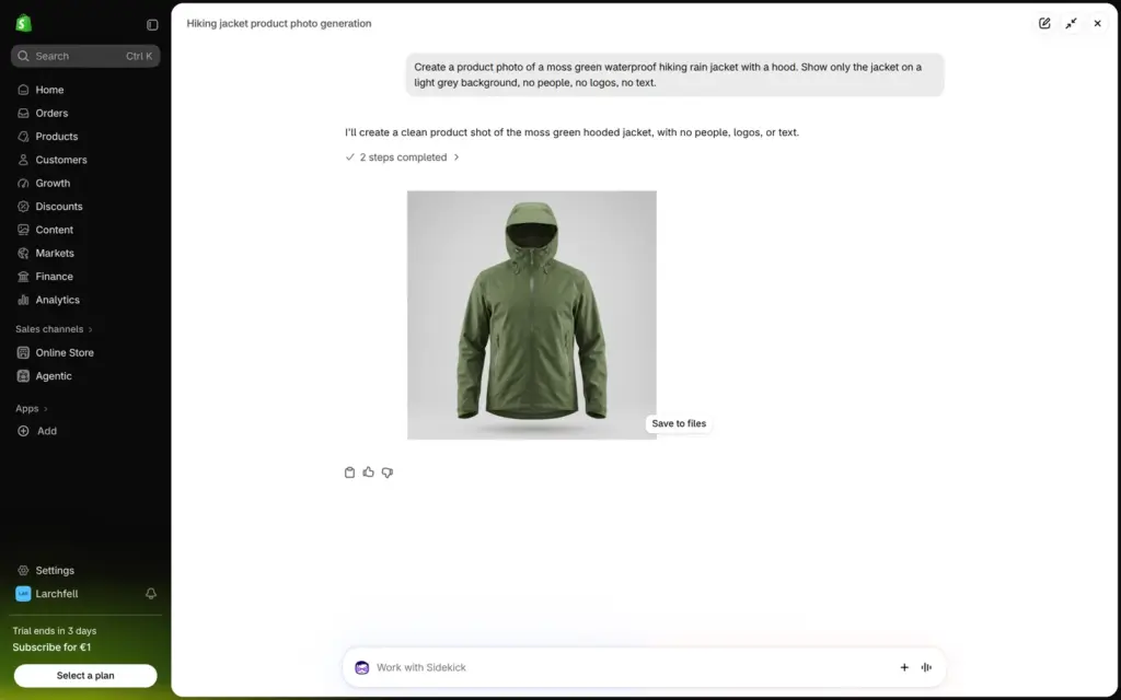 Sidekick chat with a generated photo of a moss green rain jacket