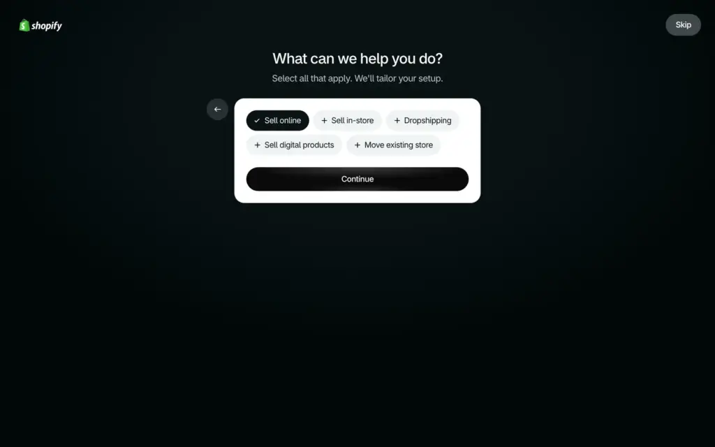 Shopify question What can we help you do with options like sell online and sell in-store
