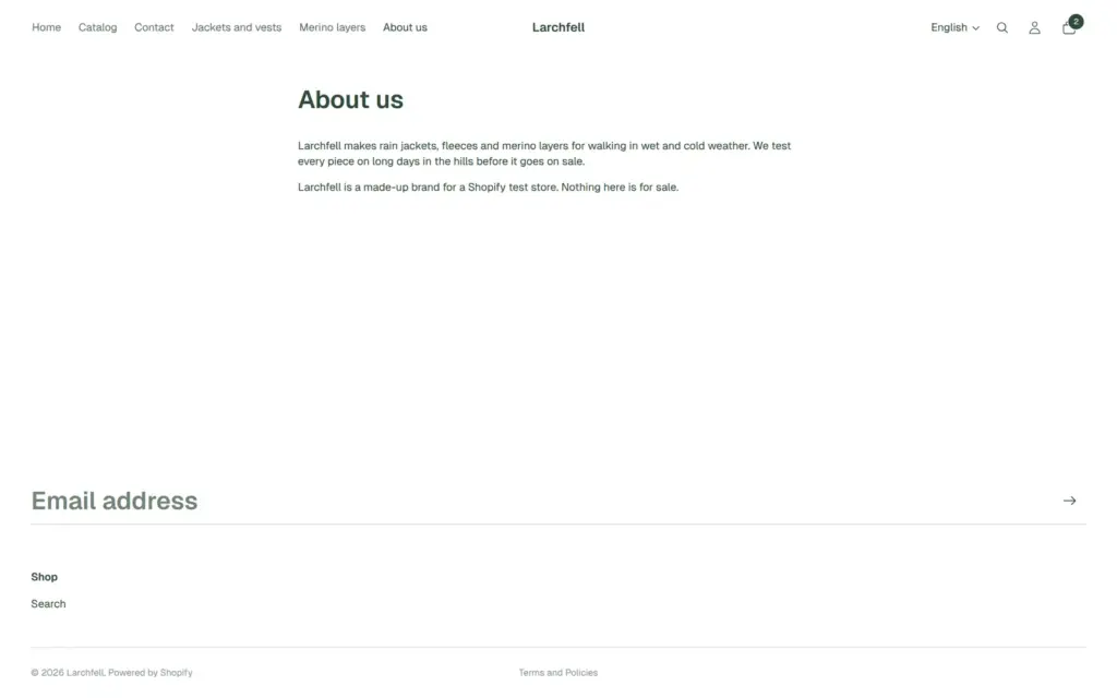 About page of the Larchfell shop with two short paragraphs