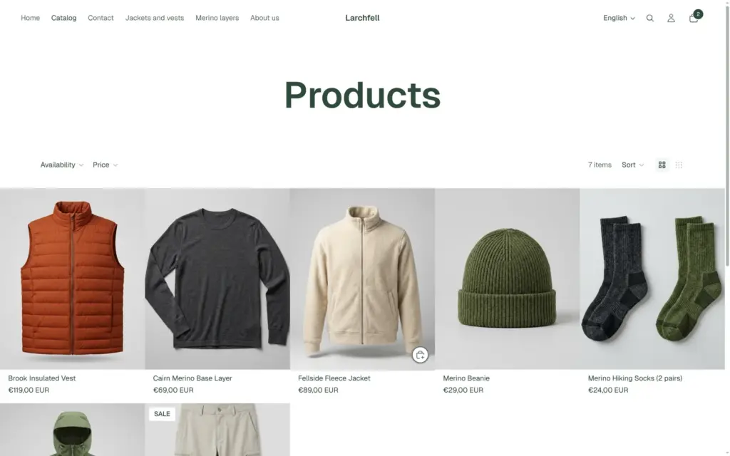 Catalog page of the Larchfell shop with seven products, filters and sorting
