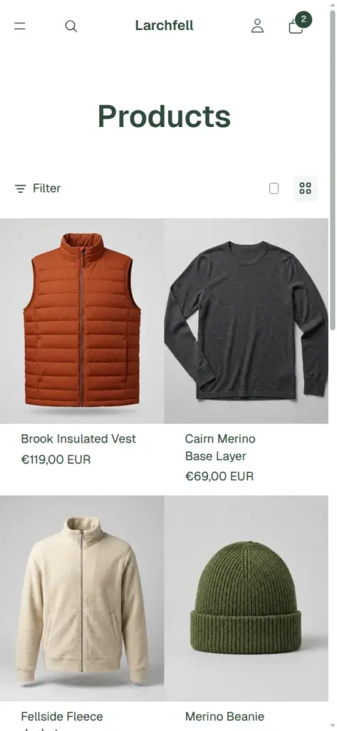 Catalog page on a phone with two products per row