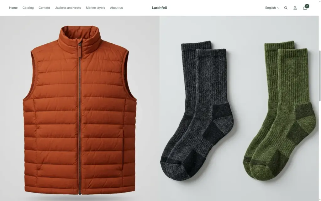 Two collection tiles on the Larchfell home page, an orange vest and two pairs of socks