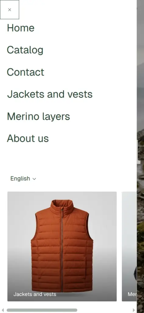 Open phone menu of the Larchfell shop with six links and a language switch