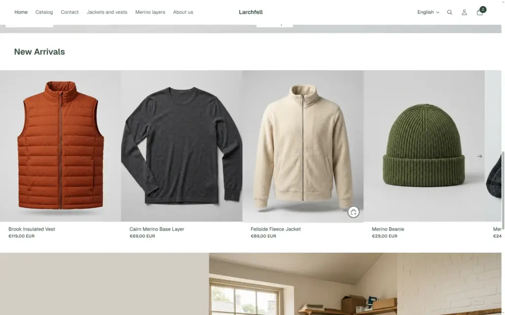 Row of new products on the Larchfell home page: vest, base layer, fleece and beanie
