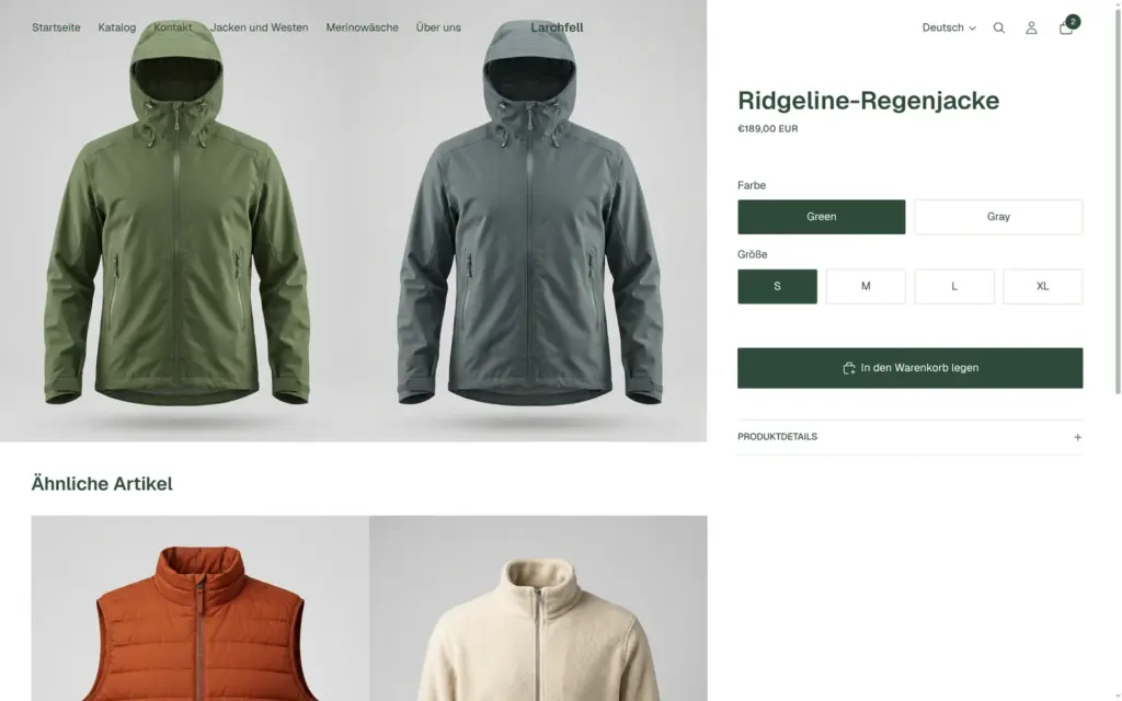 German product page with colour names still in English