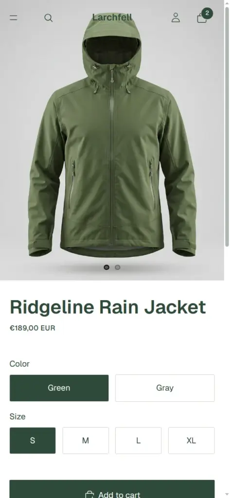 Rain jacket product page on a phone