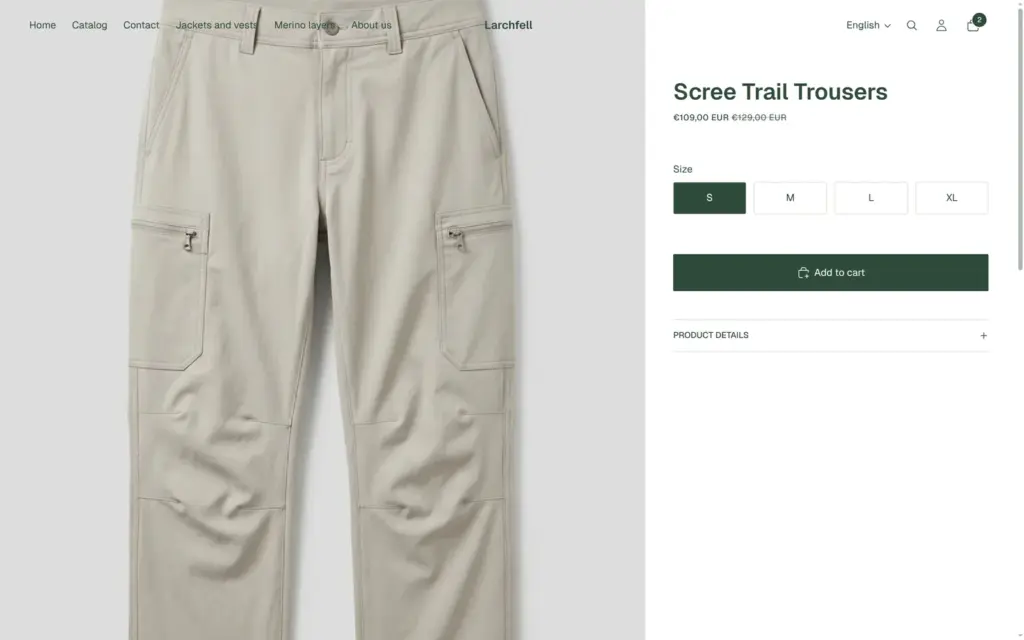 Product page of hiking trousers with a crossed-out old price