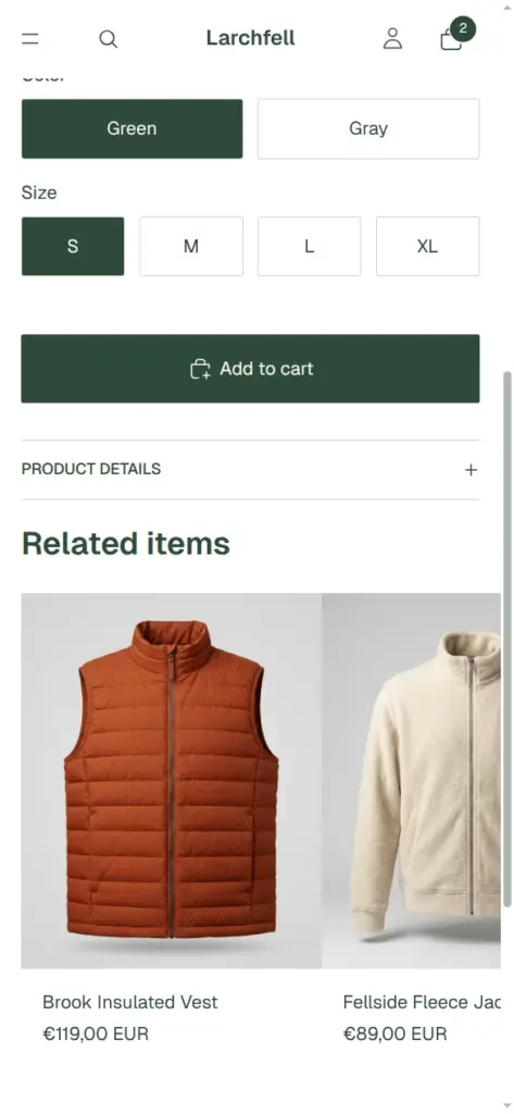 Colour and size buttons and the add to cart button on a phone
