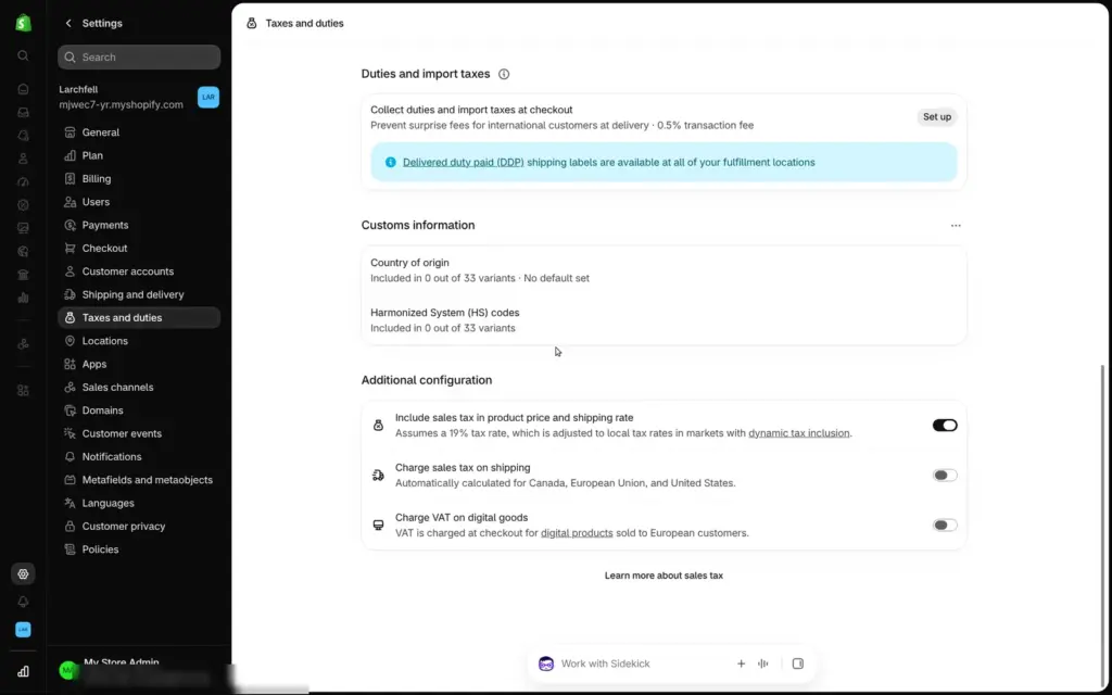 Shopify tax settings with prices including tax at 19 percent