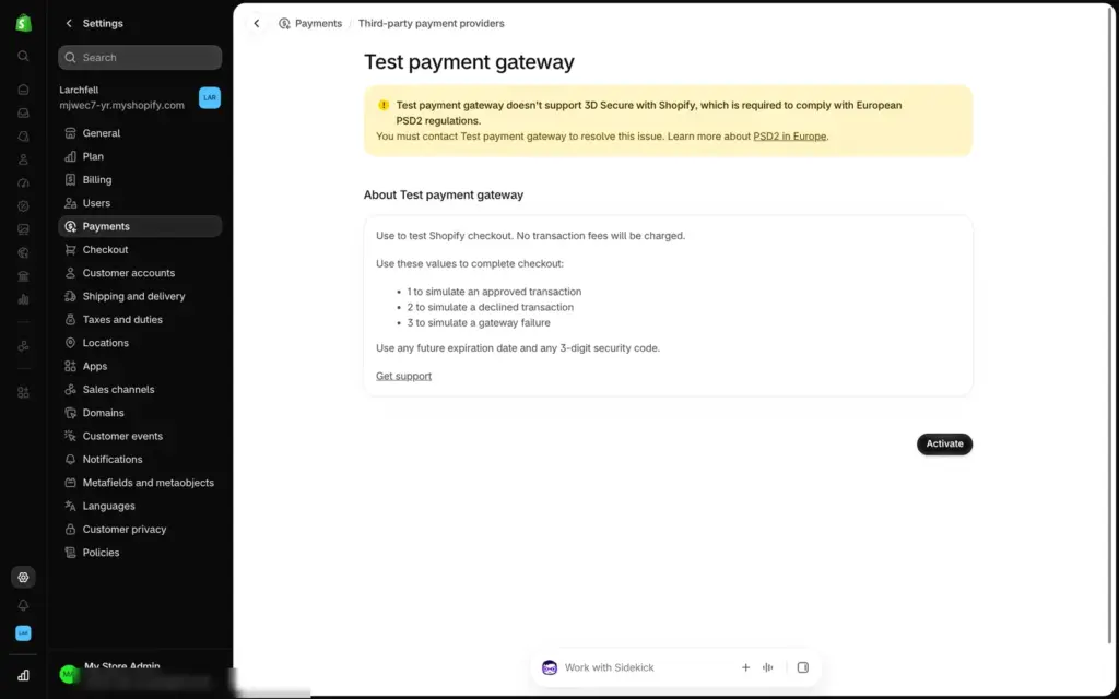 Shopify test payment gateway page with test card numbers 1, 2 and 3