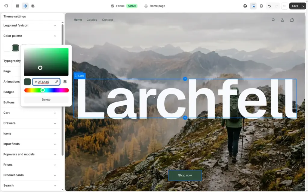 Shopify theme settings with the colour picker set to a dark green