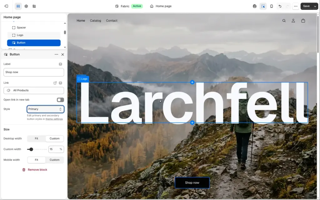 Shopify theme editor with the hero photo and the white store name