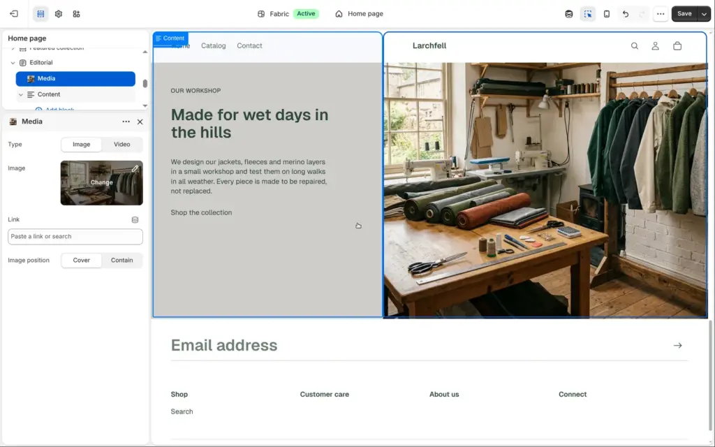 Shopify theme editor with a text section about the workshop and a workshop photo