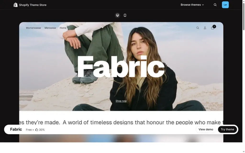 Fabric theme page in the Shopify Theme Store with the Try theme button