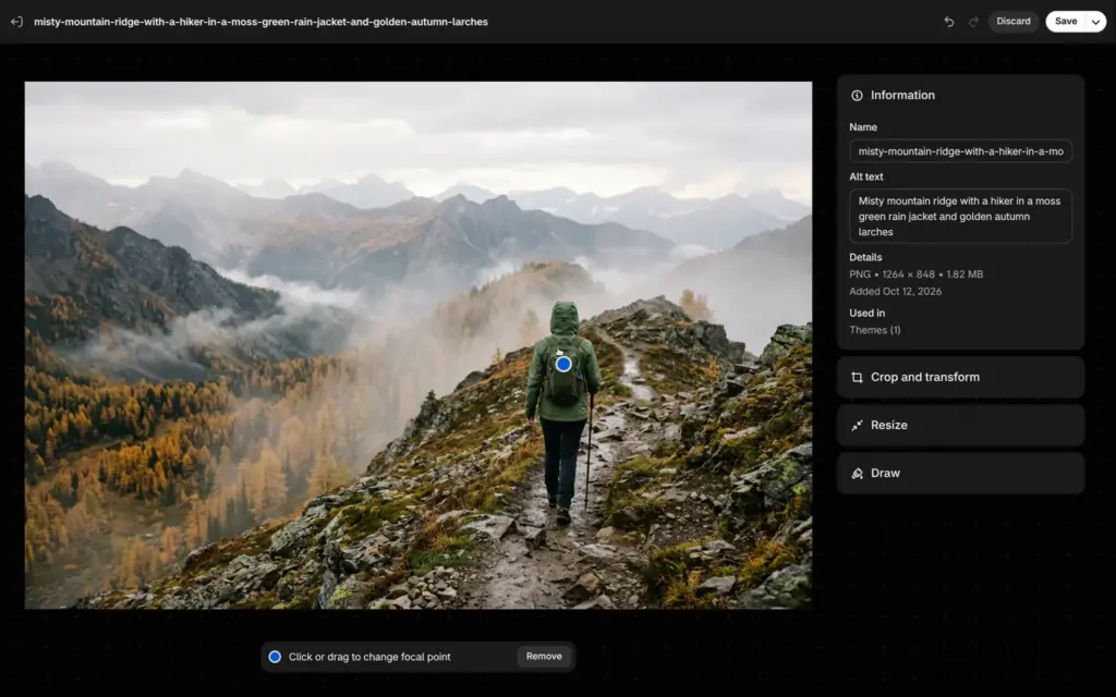 Shopify image editor with a focus point on the hiker