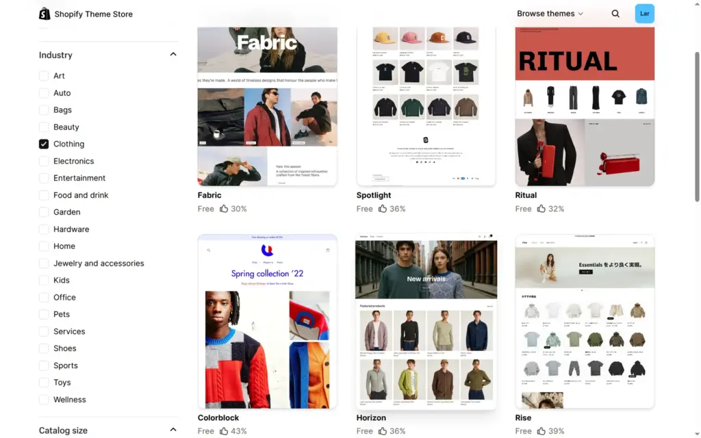 Shopify Theme Store filtered for free clothing themes