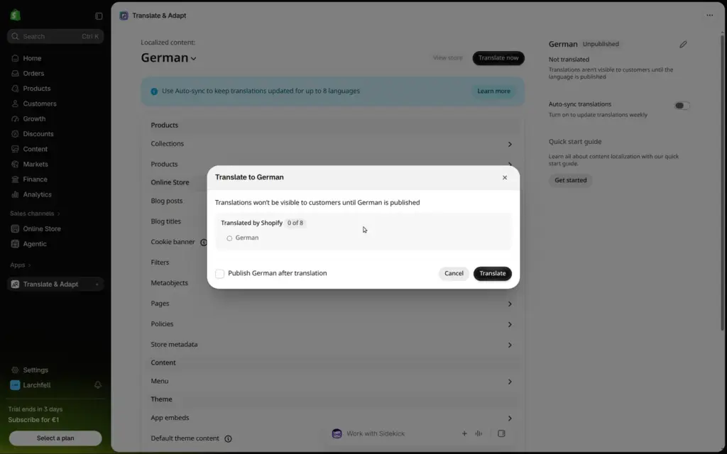 Translate & Adapt dialog to translate the shop into German and publish it