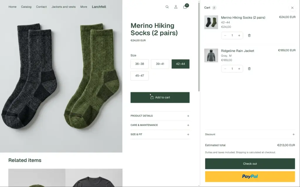 Larchfell cart with a jacket and socks, the total with VAT and a PayPal button