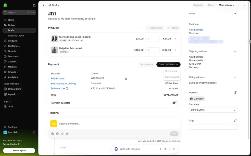 Shopify draft order with discount, free shipping and VAT, and greyed-out payment options