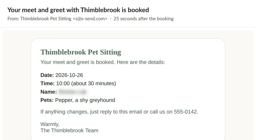 Booking confirmation email to the customer, with the name blurred