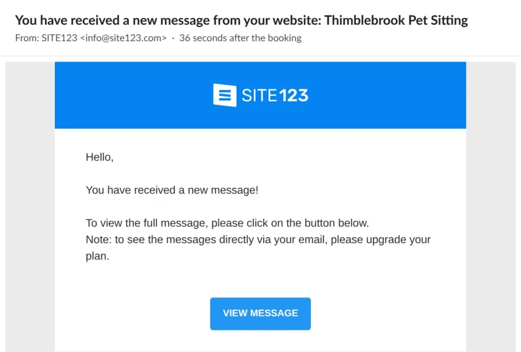 SITE123 email to the owner saying only that there is a new message