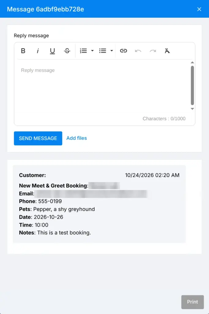 Booking details under Messages in the SITE123 dashboard, with name and email blurred