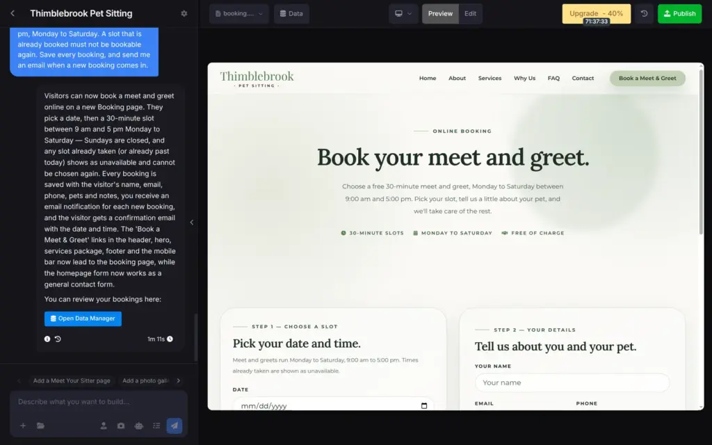 Booking page that the SITE123 AI built, in the editor preview
