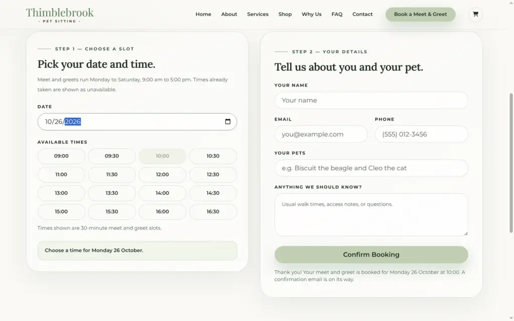 Booking page on the live site with the booked 10:00 slot greyed out