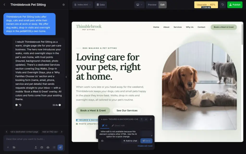 SITE123 message that inline editing is not available for this element