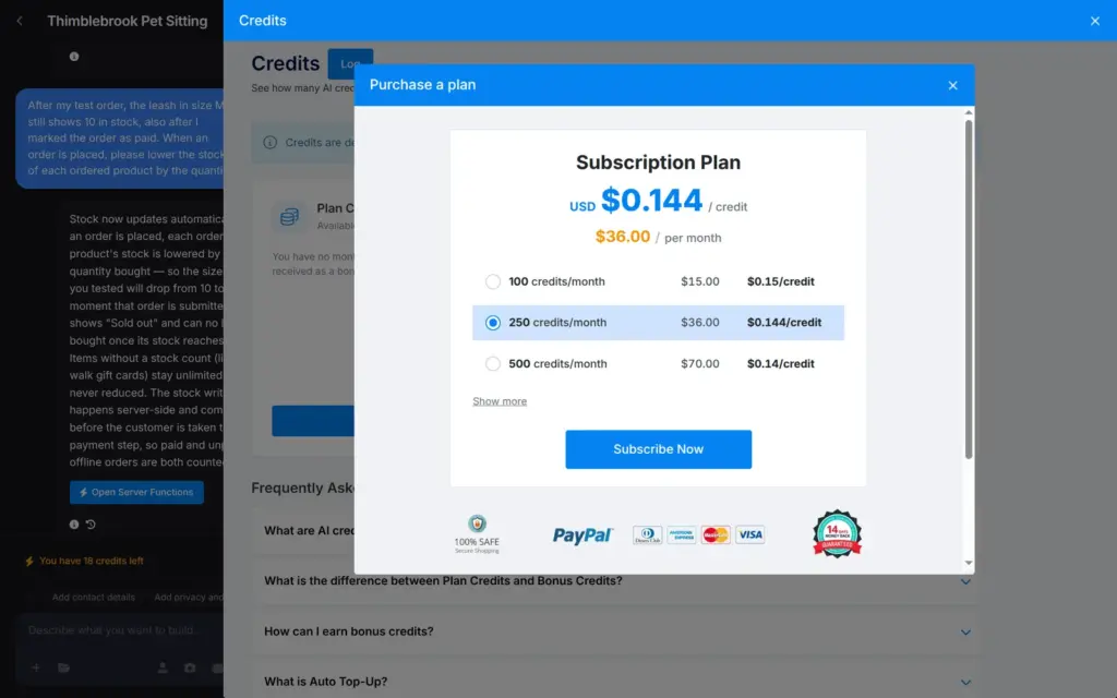 SITE123 monthly AI credit plans in US dollars