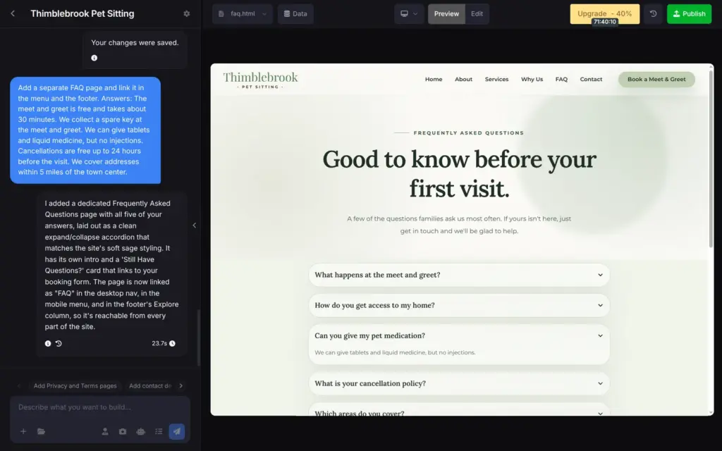 FAQ page that the SITE123 AI built from five answers