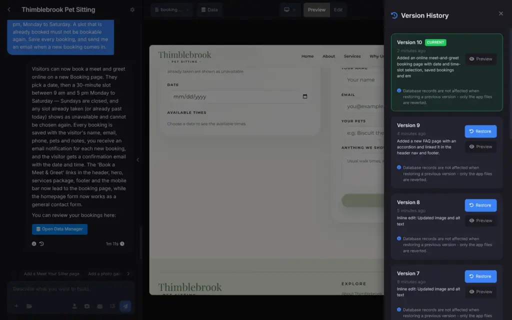 Version history in the SITE123 editor with Preview and Restore