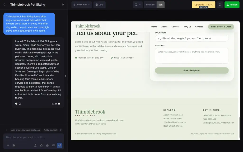 The first version of the site in the SITE123 editor, with the AI chat on the left