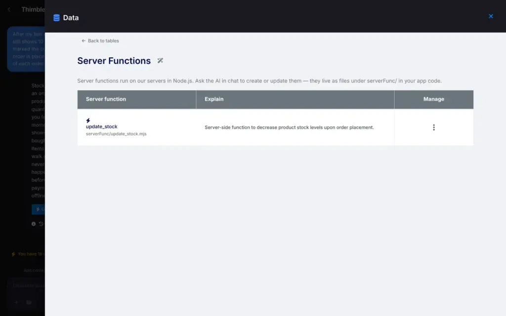 Server Functions in SITE123 with the update_stock function