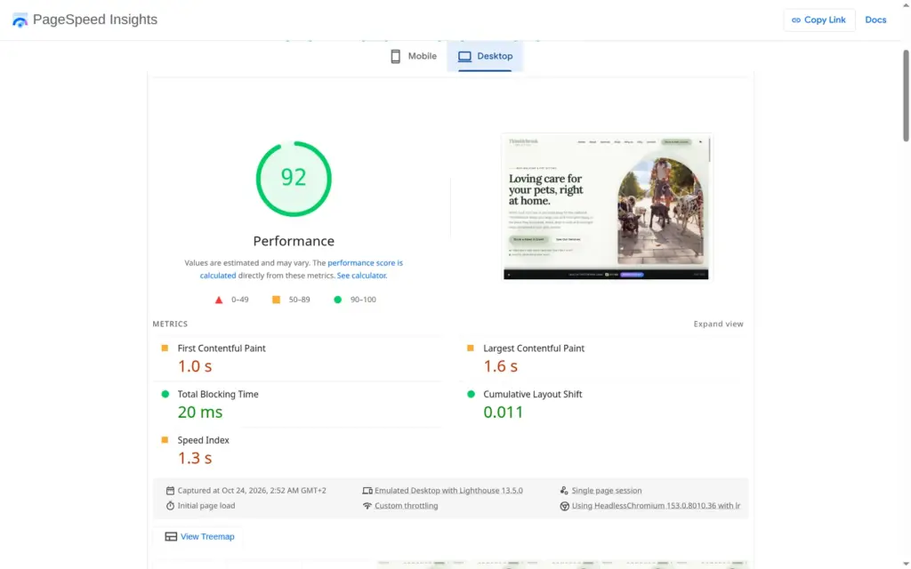 PageSpeed Insights result on desktop: 92