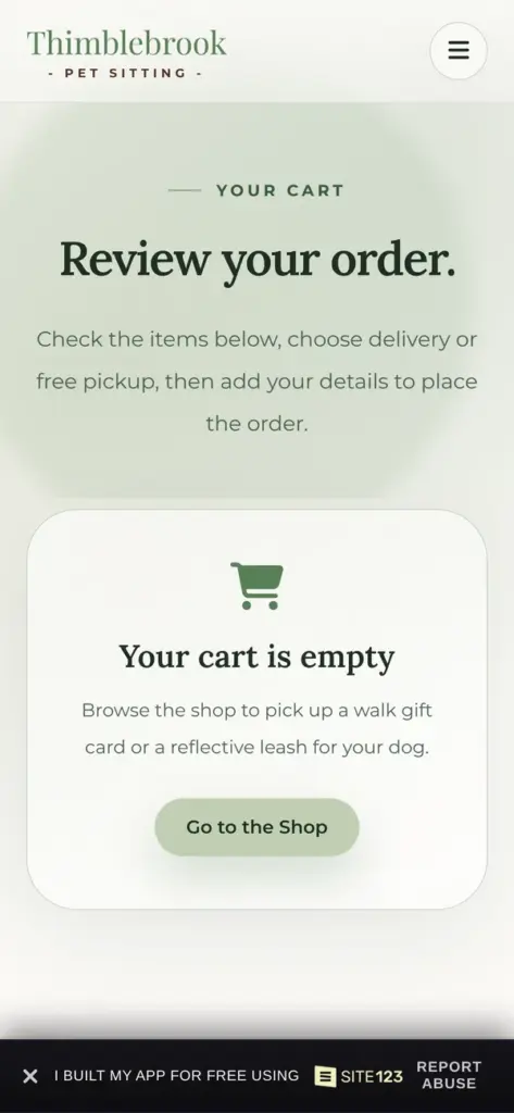 Empty cart page on a phone