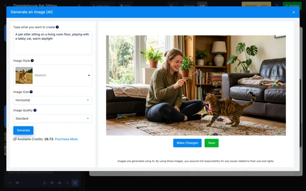 Photo of a pet sitter with a cat made by the SITE123 AI image tool