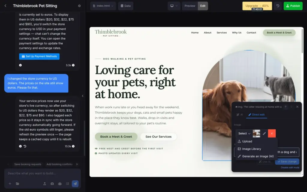 Photo menu in the SITE123 editor with upload, image library and AI image
